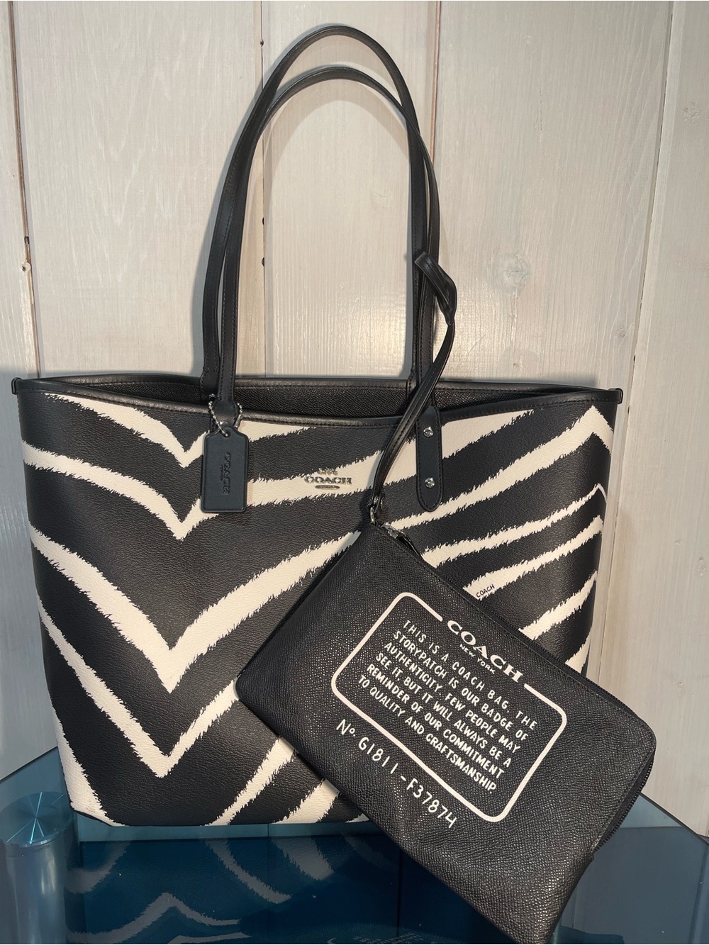 Coach Zebra Reversible City Tote + Clutch NWOT RARE! F37874